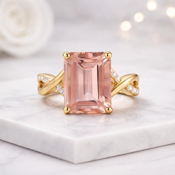 pink gemstone ring emerald cut ring gold ring statement ring solitaire ring twisted band ring prong setting ring pink stone ring rectangular stone ring cocktail ring women ring bridal ring elegant ring