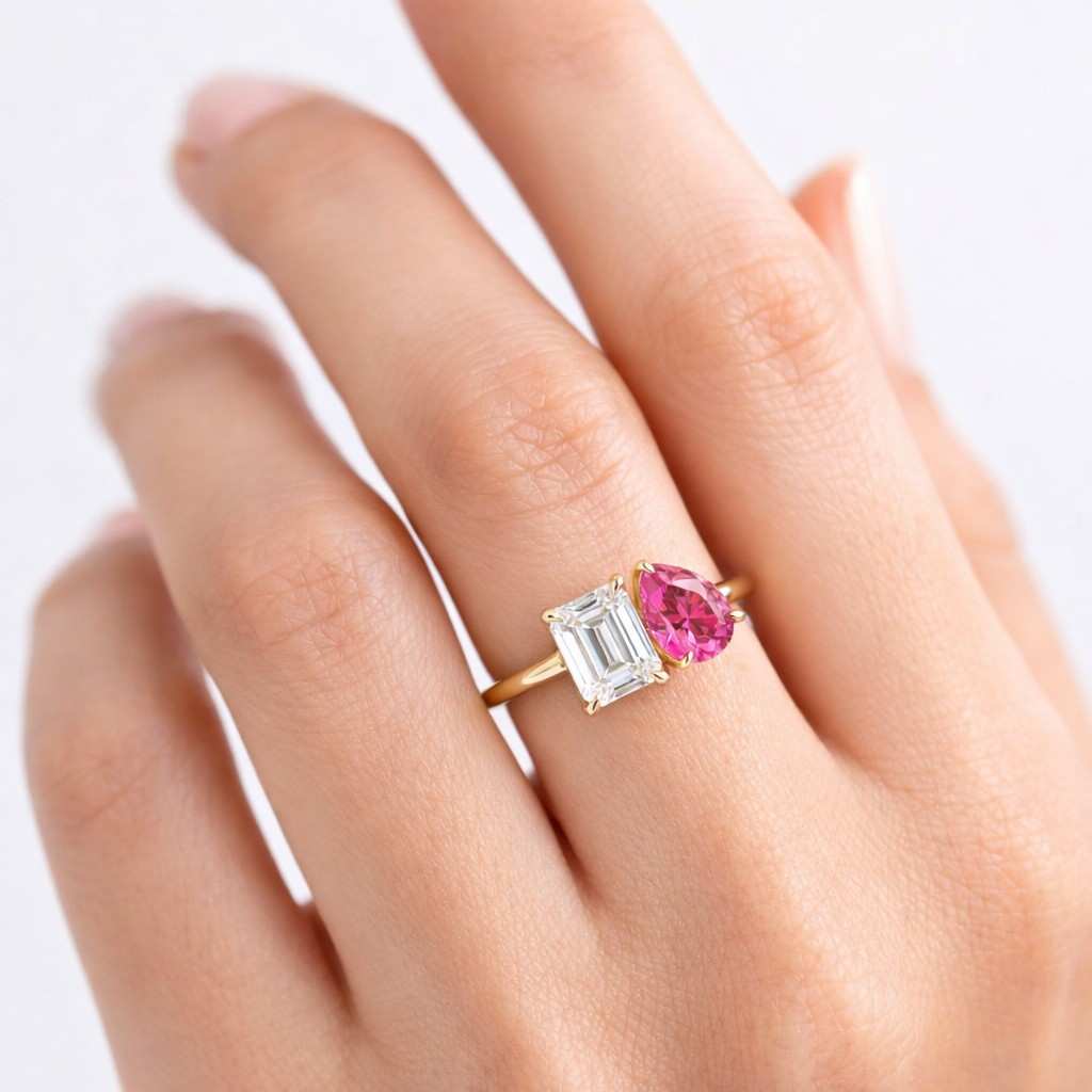 pink sapphire ring emerald diamond ring pear gemstone ring two stone engagement unique engagement asymmetrical ring
