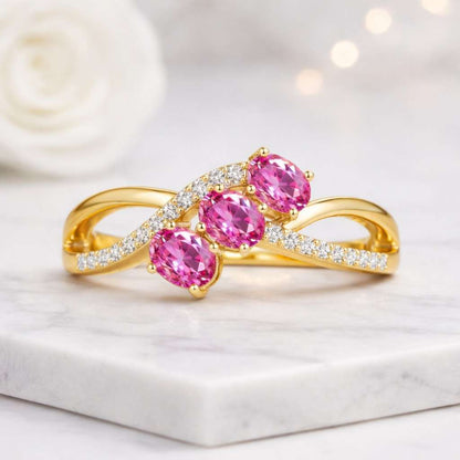 pink sapphire ring three stone ring oval sapphire ring white gold ring infinity ring crossover ring twisted band ring gemstone ring women ring fine jewelry statement ring promise ring anniversary ring stackable ring