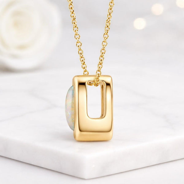 polished gold pendant smooth pendant cabochon pendant white gemstone necklace colorful opal jewelry rainbow opal pendant iridescent pendant glossy pendant