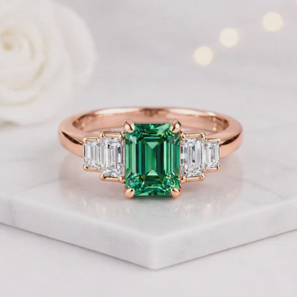emerald engagement ring green engagement ring emerald cut engagement ring gold engagement ring three stone engagement ring