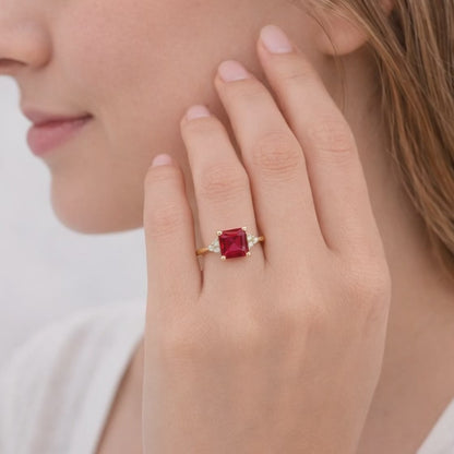 14k Solid Gold Ruby Diamond Ring, Art Deco Pink Gemstone Band, Dainty July Birthstone Jewelry, Fine Gold Promise Ring Gift for Her
