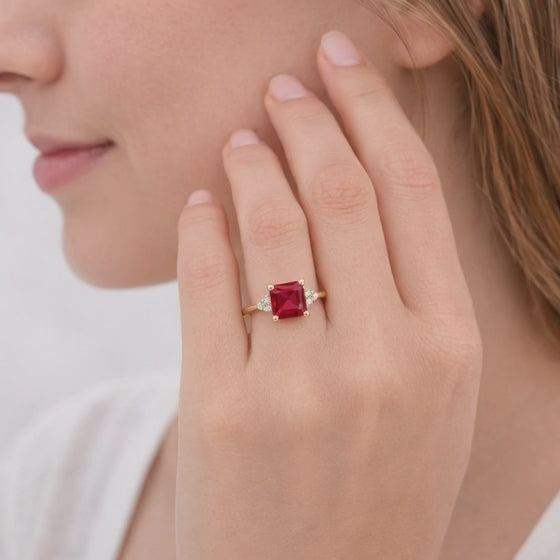 14k Solid Gold Ruby Diamond Ring, Art Deco Pink Gemstone Band, Dainty July Birthstone Jewelry, Fine Gold Promise Ring Gift for Her
