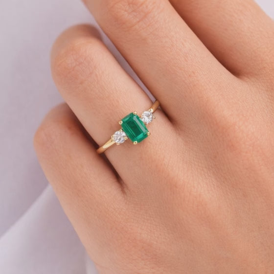 Green Emerald Three Stone Ring