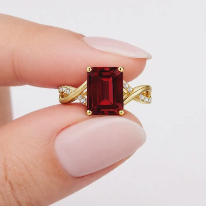 emerald cut gemstone rectangular gemstone red jewel ring twisted shank ring crossover band ring split design ring