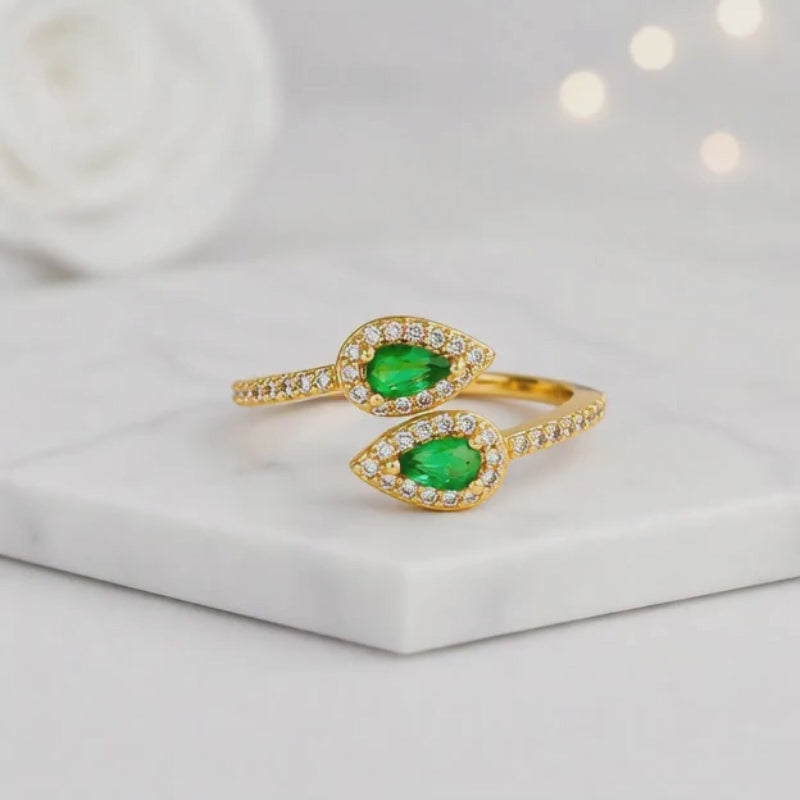 pear stone ring green gemstone ring crystal ring bright green ring open band ring crossover ring leaf shape ring