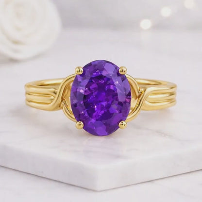 oval amethyst ring purple amethyst ring silver gemstone ring solitaire gemstone ring twisted band ring bypass ring