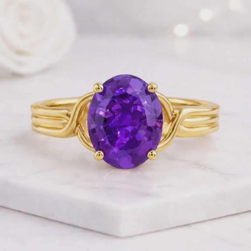 oval amethyst ring purple amethyst ring silver gemstone ring solitaire gemstone ring twisted band ring bypass ring