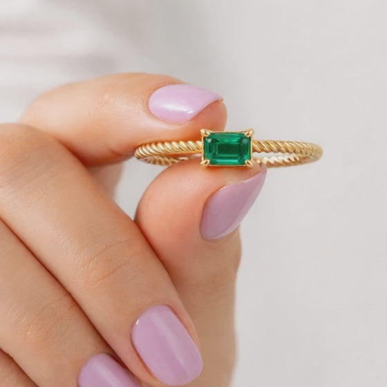  14k Solid Gold Emerald Baguette Band Ring