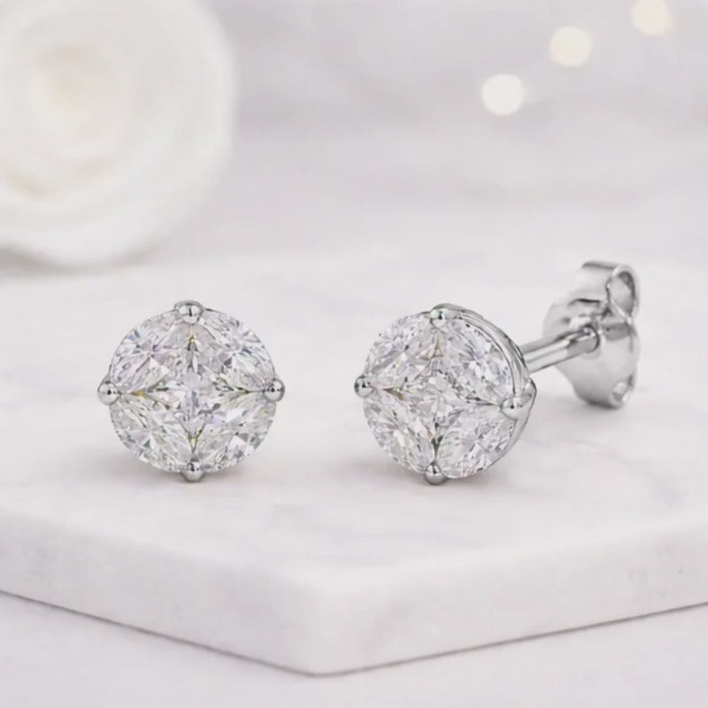 round cluster earrings floral earrings petal earrings four stone earrings illusion earrings diamond look earrings