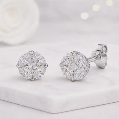 round cluster earrings floral earrings petal earrings four stone earrings illusion earrings diamond look earrings