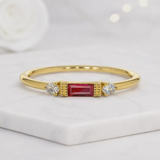 Promise Ring For Her, Ruby Dainty Baguette Stacking Ring