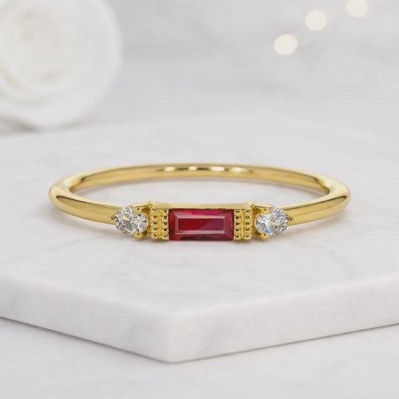 Promise Ring For Her, Ruby Dainty Baguette Stacking Ring