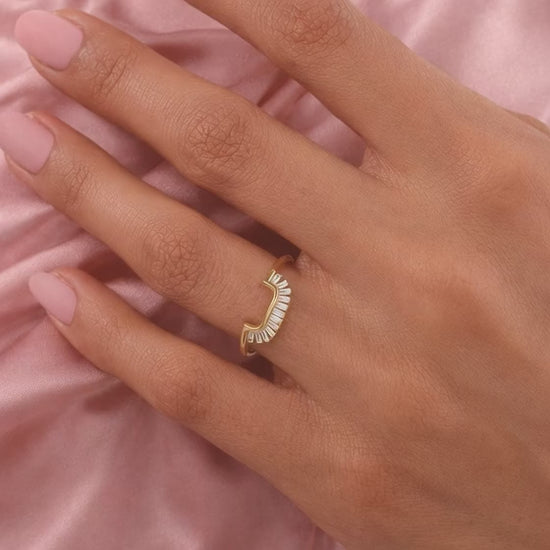 14K Solid Gold V Shaped Wedding Band, Pave Diamond Ring Enhancer, Curved Bridal Band
