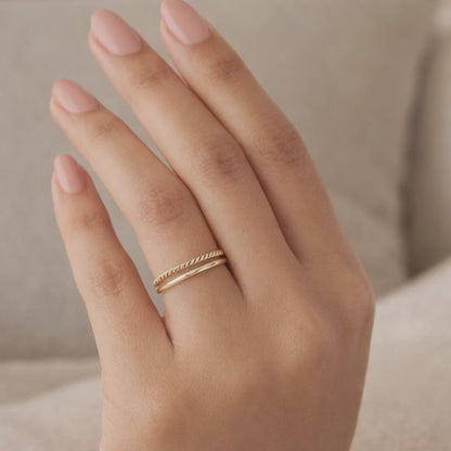 Stacking Twist Ring, Solid Gold Braided Rope and Simple Ring