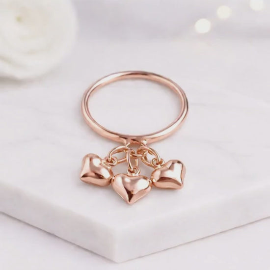 puff heart ring puffy heart ring dangle ring charm band ring gold band ring heart drop ring heart band ring