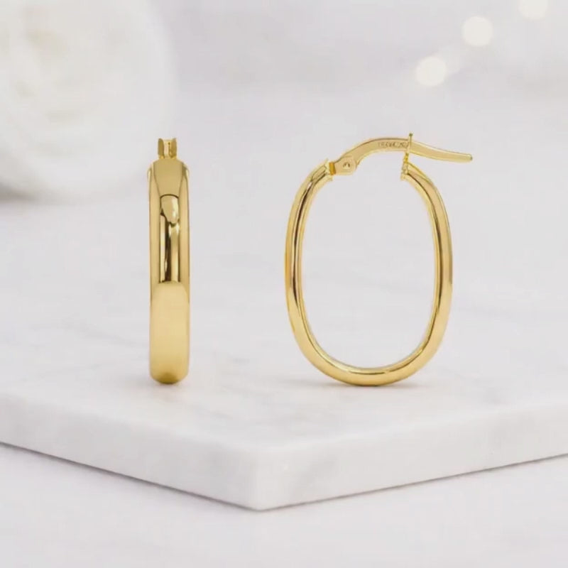 oval gold hoops yellow gold hoops sleek earrings clean design hoops rounded hoops tube hoops bold hoops casual earrings
