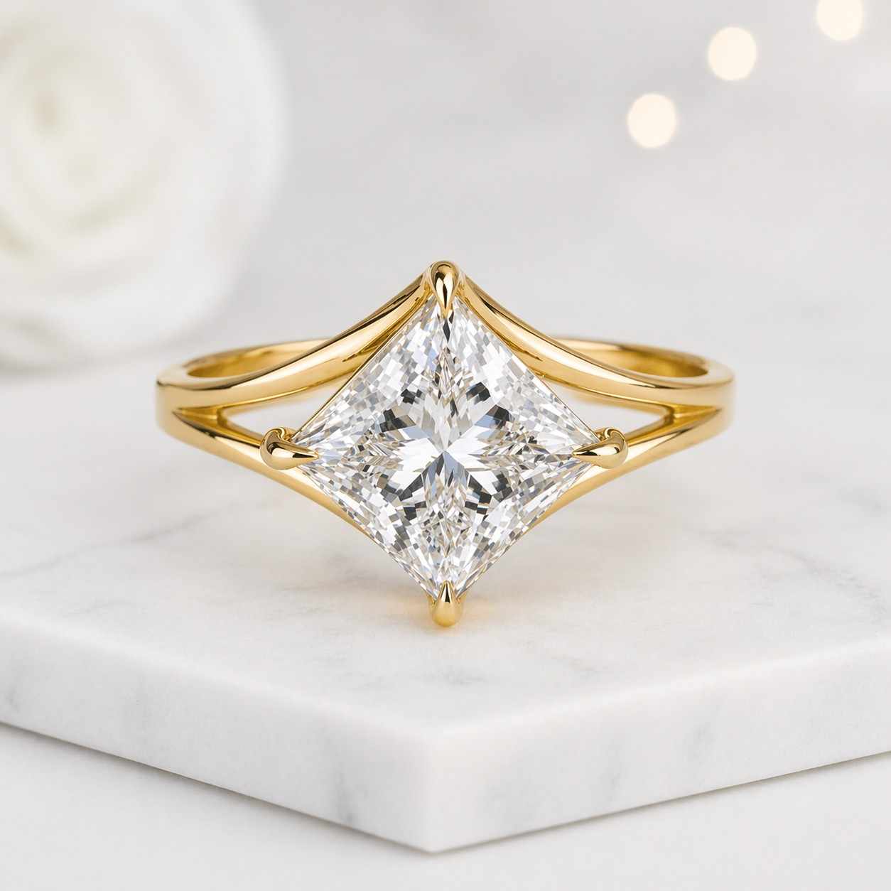 princess cut ring gold ring solitaire ring split shank ring statement ring crystal ring clear stone ring square ring geometric ring luxury ring women ring bridal ring fine jewelry elegant ring