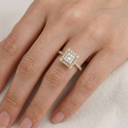 princess cut ring halo ring gold ring pave band ring square ring statement ring bridal ring women ring luxury ring fine jewelry sparkling ring center stone ring double halo ring elegant ring classic ring square halo ring