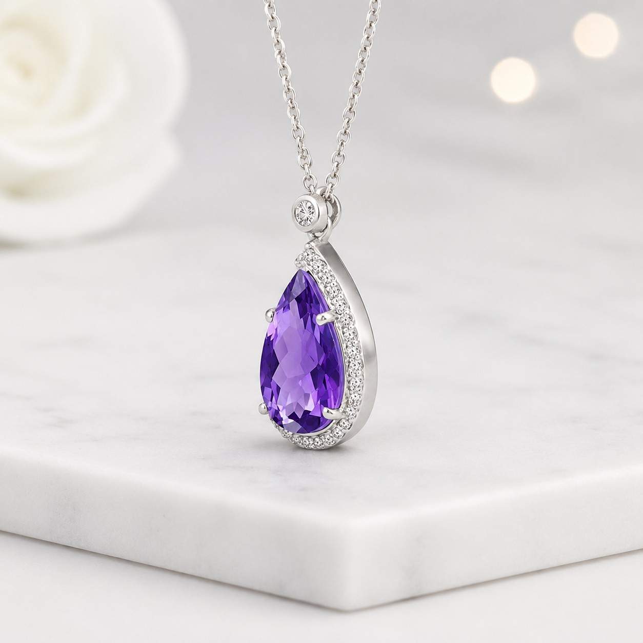 prong setting halo design pear design purple jewelry silver necklace chain necklace delicate chain neck jewelry gift jewelry fashion necklace