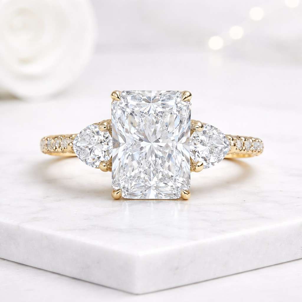 radiant cut ring lab grown ring engagement ring three stone ring pear side stones pave band ring yellow gold ring solitaire ring