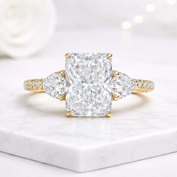 radiant cut ring lab grown ring engagement ring three stone ring pear side stones pave band ring yellow gold ring solitaire ring