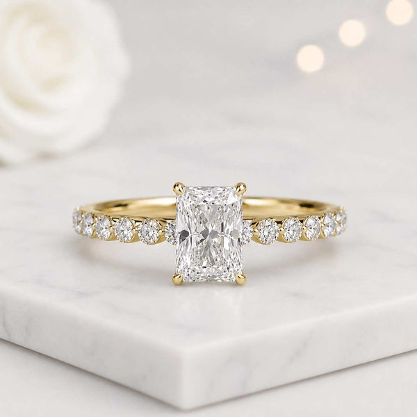 radiant cut ring radiant engagement ring lab grown ring halo ring pave ring gold ring