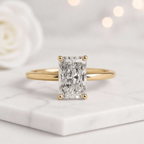 radiant cut ring solitaire ring gold ring engagement ring promise ring statement ring rectangular stone four prong ring