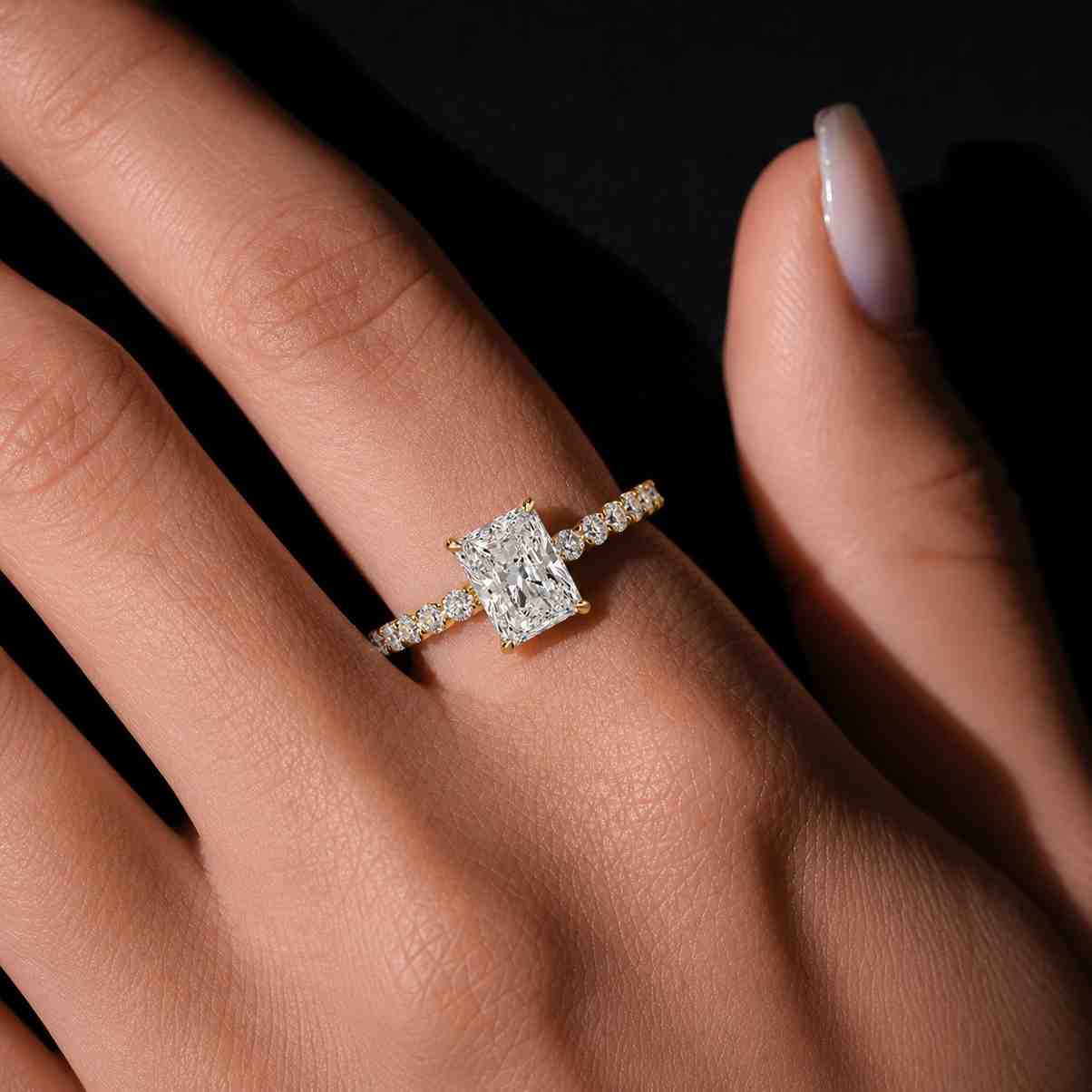 radiant diamond ring rectangular ring hidden halo ring pave diamond ring yellow gold ring