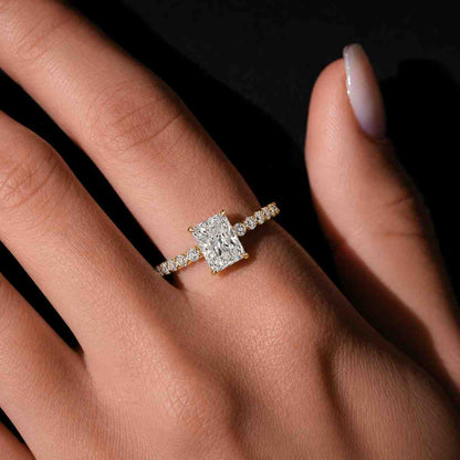 radiant diamond ring rectangular ring hidden halo ring pave diamond ring yellow gold ring