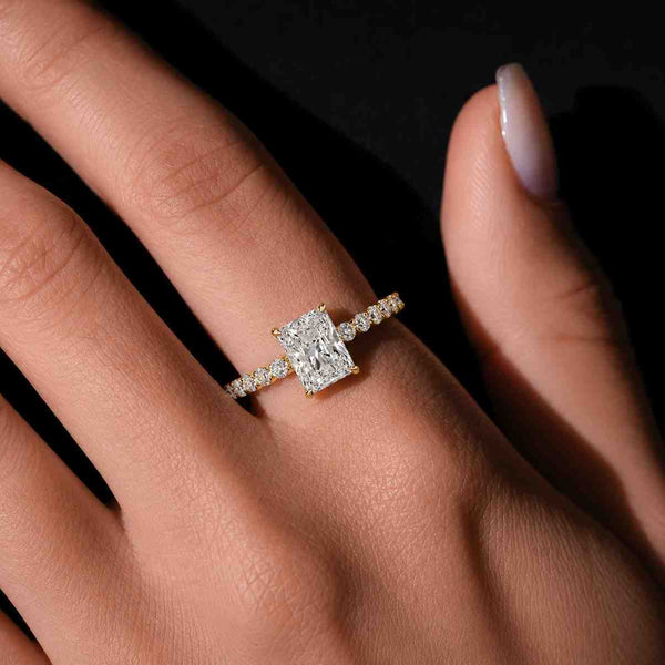 radiant diamond ring rectangular ring hidden halo ring pave diamond ring yellow gold ring