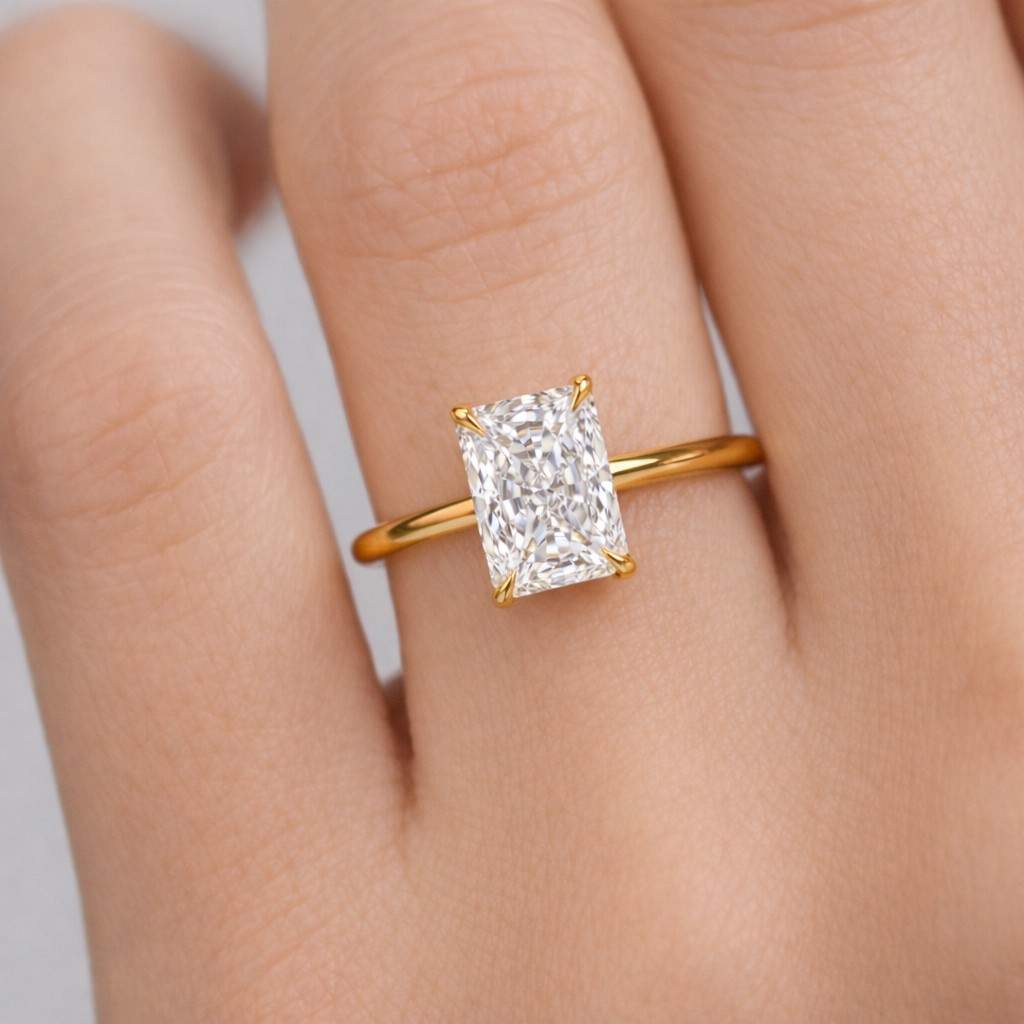 radiant engagement ring radiant solitaire ring elongated stone ring cathedral ring hidden halo ring four prong ring
