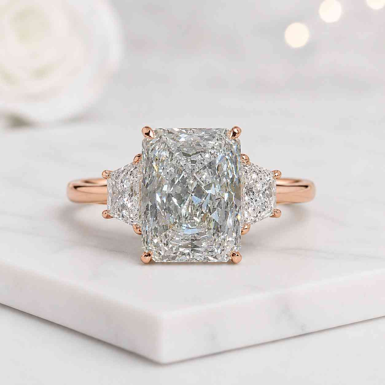radiant engagement ring trapezoid side stones three stone engagement ring diamond look ring