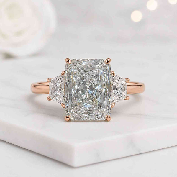 radiant engagement ring trapezoid side stones three stone engagement ring diamond look ring