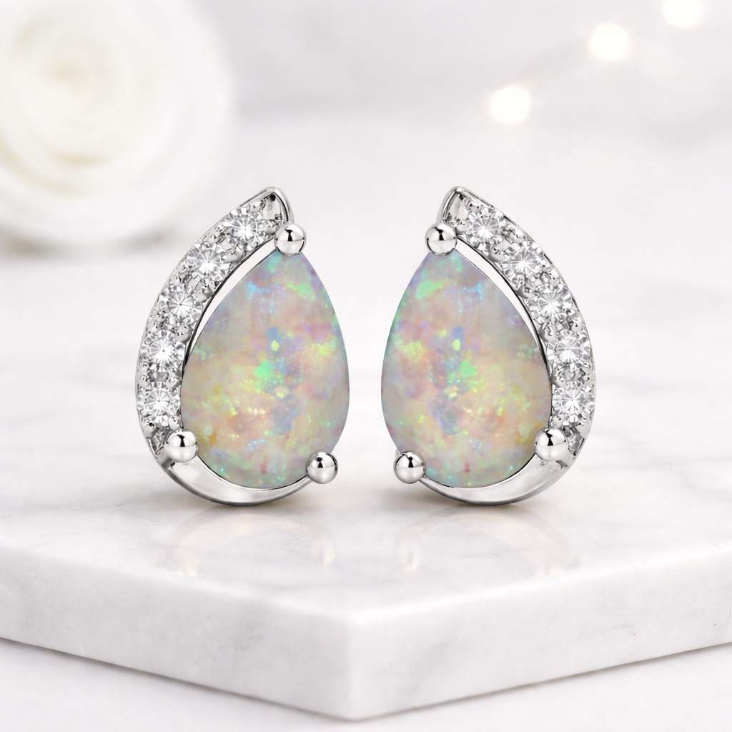 rainbow opal earrings iridescent earrings prong set earrings halo style earrings curved design earrings arc design earrings
