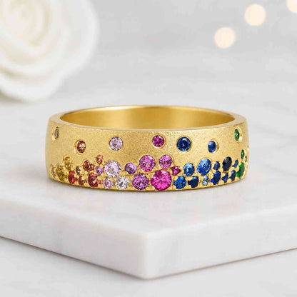 rainbow ring gemstone ring gold band wide band colorful ring rainbow band pride ring unisex ring wedding band