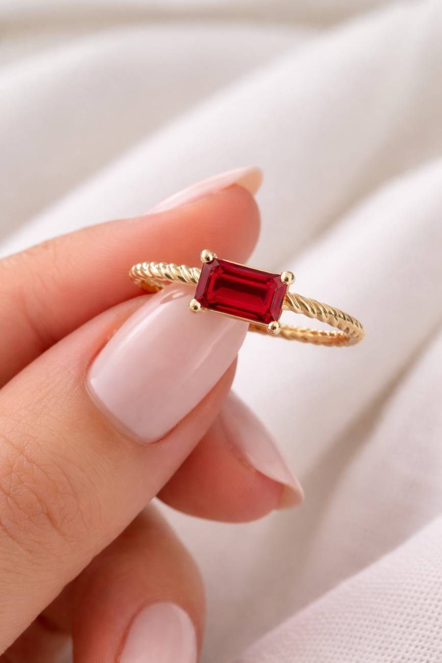 rectangular ring emerald shape ring red crystal ring ruby jewelry gemstone jewelry solitaire jewelry twisted shank ring rope shank ring slim jewelry