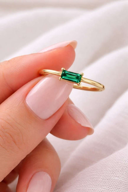 rectangular ring green crystal ring yellow gold ring slim band ring solitaire gemstone ring fine ring delicate jewelry dainty jewelry minimal jewelry modern jewelry