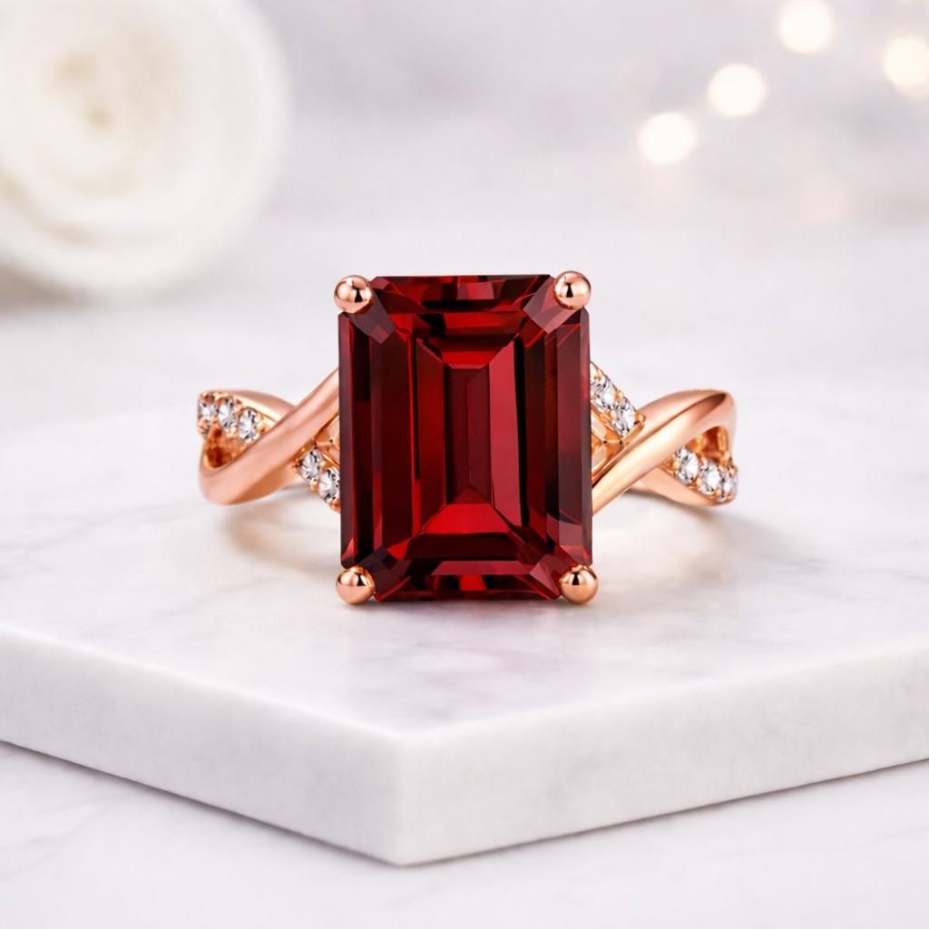 red gemstone ring emerald cut ring solitaire ring twisted band ring silver ring statement ring women ring elegant ring