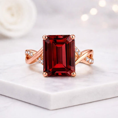red gemstone ring emerald cut ring solitaire ring twisted band ring silver ring statement ring women ring elegant ring