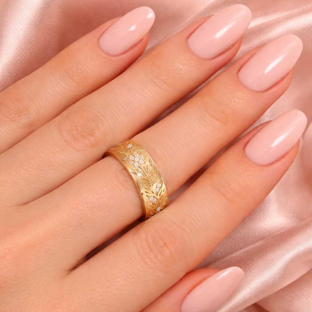 romantic band leaf pattern ring shiny gold ring engraved jewelry luxury wedding ring fashion jewelry stack ring minimal band