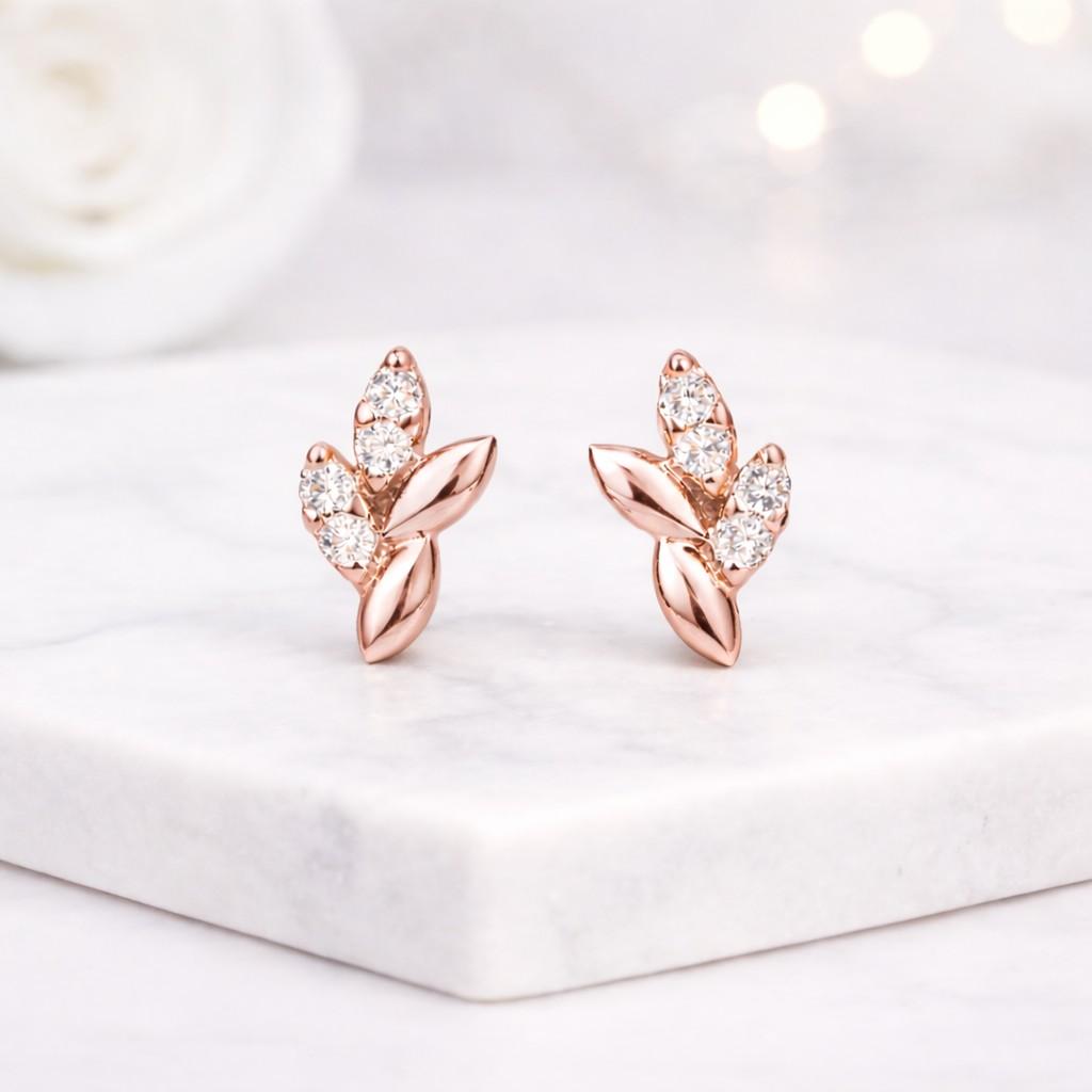 rose gold earrings leaf earrings stud earrings crystal earrings floral earrings nature earrings small earrings