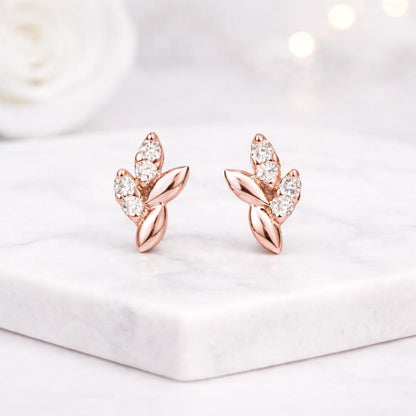 rose gold earrings leaf earrings stud earrings crystal earrings floral earrings nature earrings small earrings