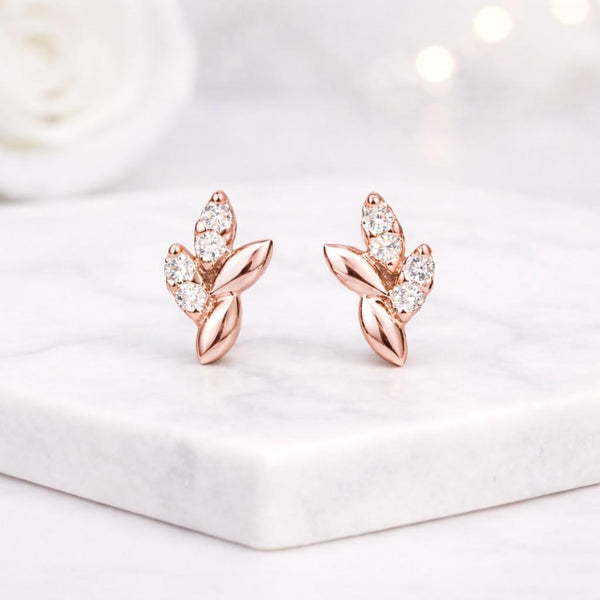 rose gold earrings leaf earrings stud earrings crystal earrings floral earrings nature earrings small earrings