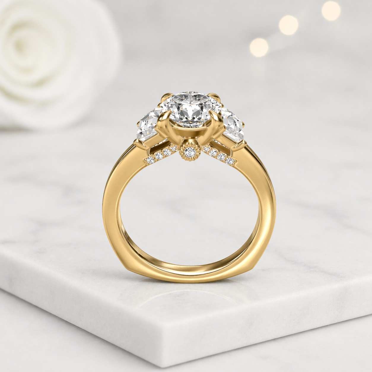 round center ring emerald side stones trilogy ring three stone engagement vintage inspired ring luxury engagement ring elegant bridal ring fine ring