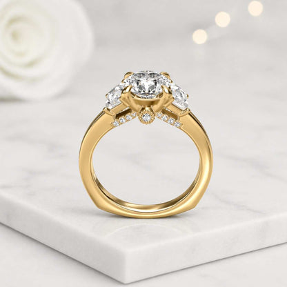 round center ring emerald side stones trilogy ring three stone engagement vintage inspired ring luxury engagement ring elegant bridal ring fine ring