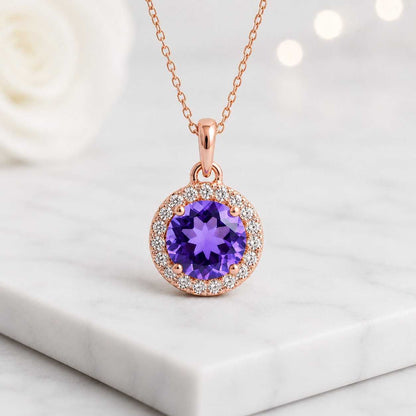 round cut pendant halo design pendant purple crystal pendant violet pendant gemstone necklace circle necklace silver necklace pendant