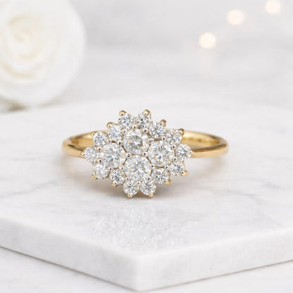 round cut ring flower cluster ring halo cluster ring floral ring diamond cluster ring lab diamond ring statement ring