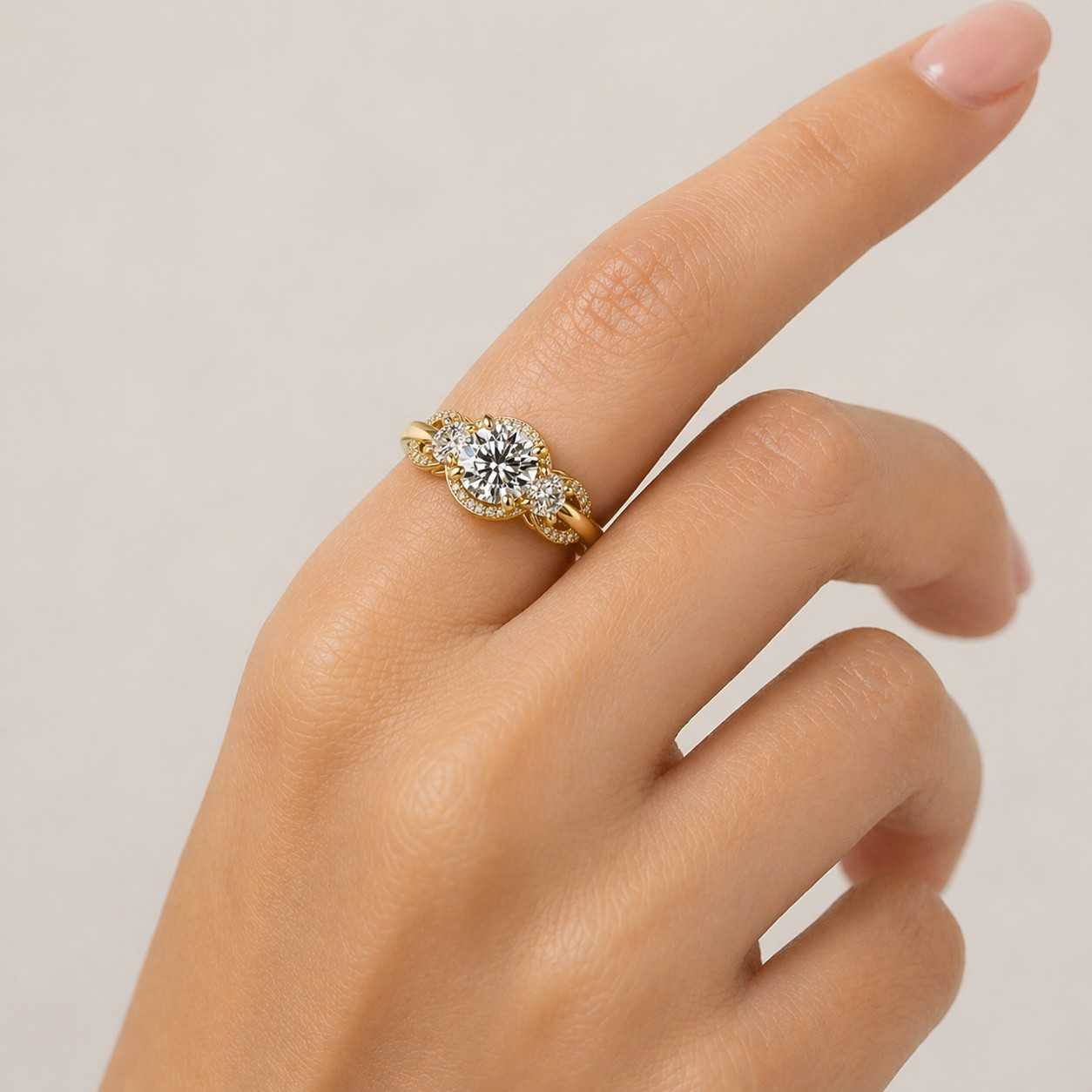 round cut ring halo engagement ring three diamond ring bridal set ring wedding jewelry gold engagement ring luxury engagement ring