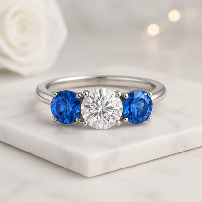 round diamond blue sapphire three stone engagement jewelry bridal jewelry fine ring gold jewelry classic jewelry modern ring polished finish comfort fit slim band